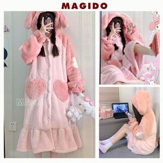 Đầm lông màu hồng có mũ tai thỏ và hoa cúc ở tay - Váy tiểu thư mặc ở nhà túi trái tim - MAGIDO BL74