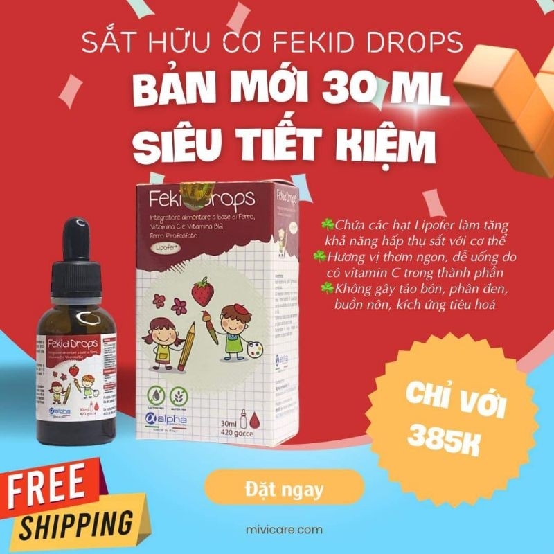 Sắt công nghệ Liposome Fekid Drops có vtm C và B12 hỗ trợ ngăn ngừa thiếu máu do thiếu sắt.Dùng được cho trẻ bdn lactose