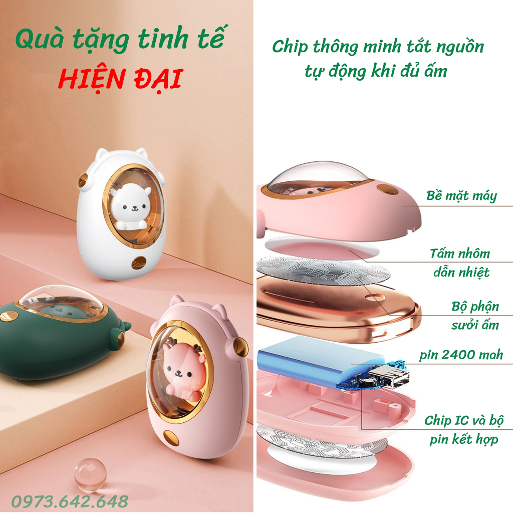 Máy sưởi ấm mini hình Thú Cưng dễ thương 2 trong 1 giữ ấm và sạc pin cho điện thoại điều chỉnh nhiệt 3 chế độ