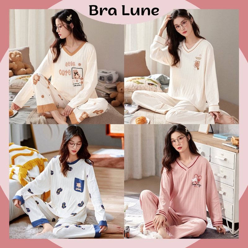 Bộ Đồ Ngủ Nữ Cotton Gân Mềm Mại Thoáng Khí BRALUNE, Đồ Ngủ Nữ Pijama Bear Dễ Thương mã 1040