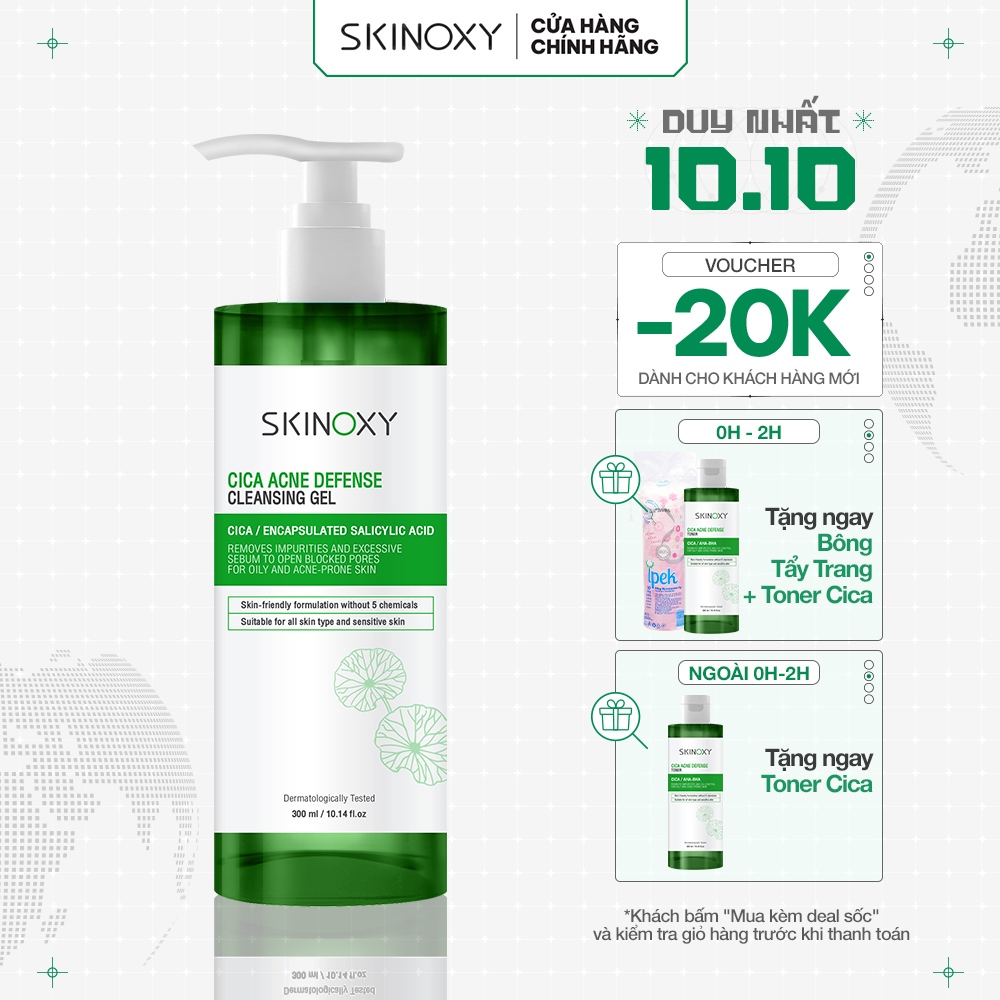 Gel rửa mặt làm sạch sâu và làm dịu da chiết xuất rau má Skinoxy Cica Acne Defense Cleansing Gel – 300ml