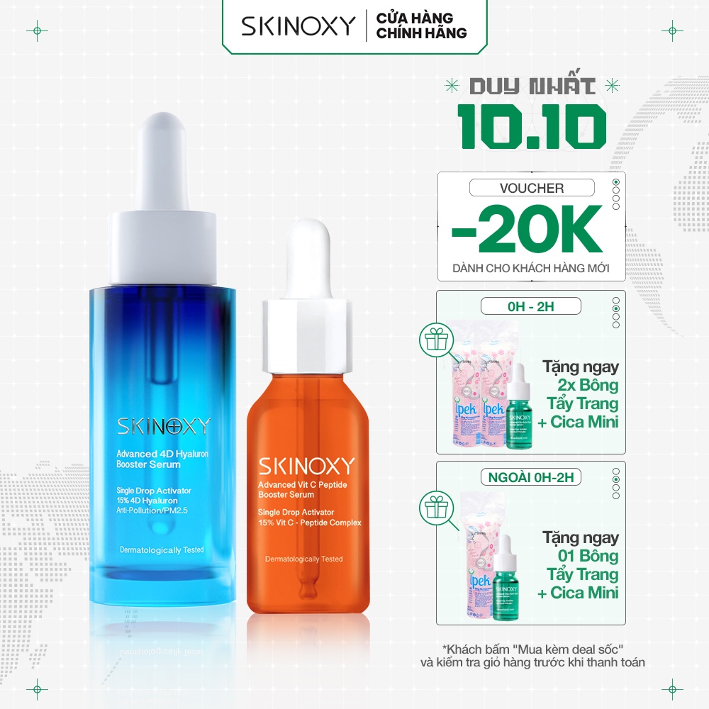 Bộ Đôi Dưỡng Ẩm , Sáng Da 15% Booster Skinoxy Advanced Vit C Peptide 9Ml + 4D Hyaluron 30Ml