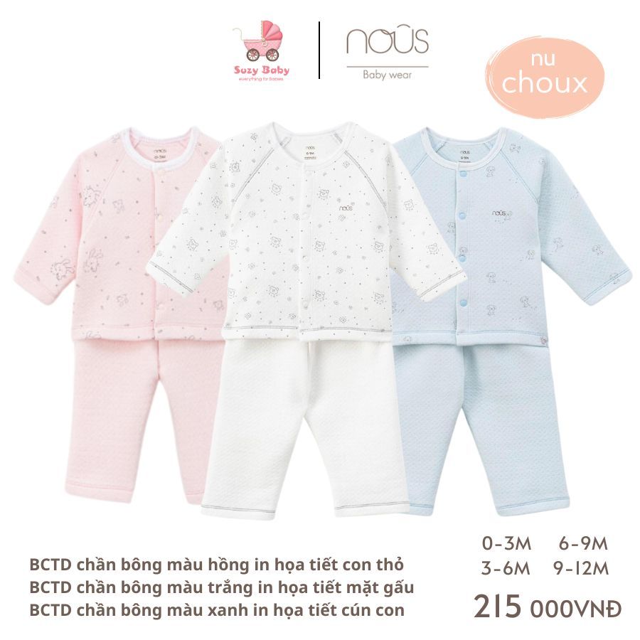 NOUS BCTD chần bông màu hồng/ màu trắng in họa tiết cho bé 0M 3M 6M 9M