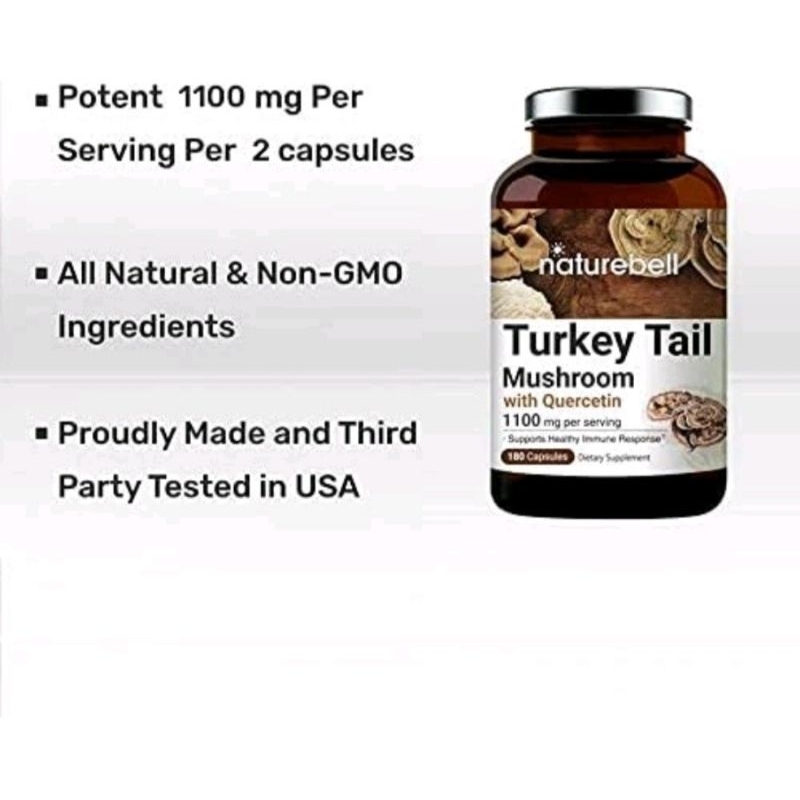 Turkey Tail Viên Nấm Vân Chi 1100mg, Chứa Quercetin Lượng Cô Đặc, Hỗ Trợ Ung Bướu, Tăng Miễn Dịch, Trẻ Hóa Da Naturebell