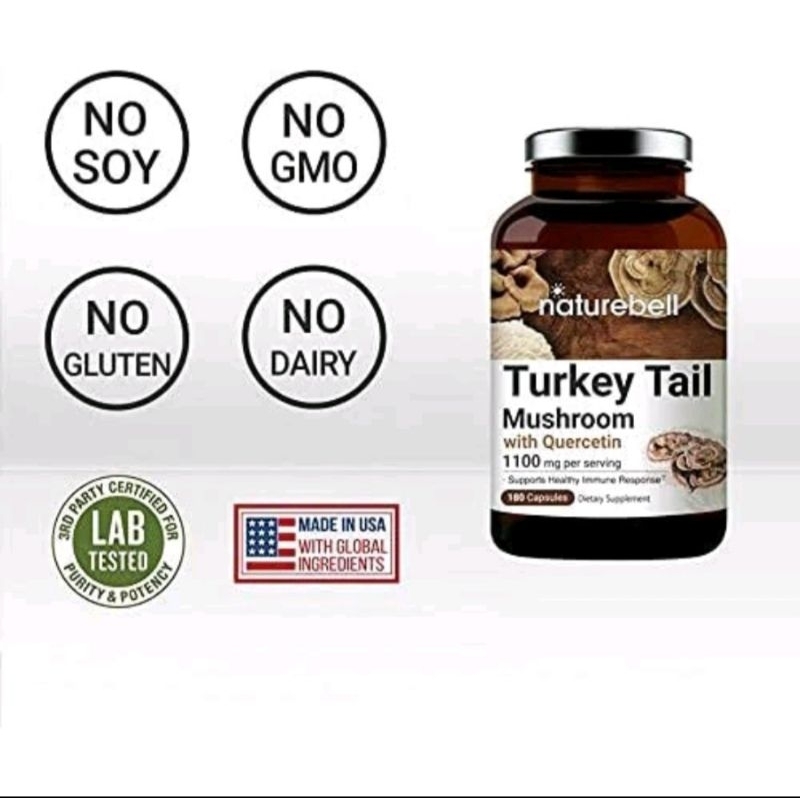 Turkey Tail Viên Nấm Vân Chi 1100mg, Chứa Quercetin Lượng Cô Đặc, Hỗ Trợ Ung Bướu, Tăng Miễn Dịch, Trẻ Hóa Da Naturebell