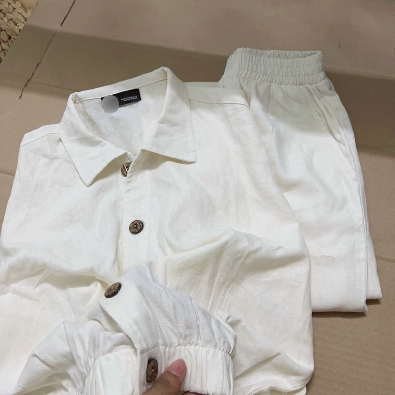 Sét bộ linen quần dài áo dáng lửng bo chun xinh