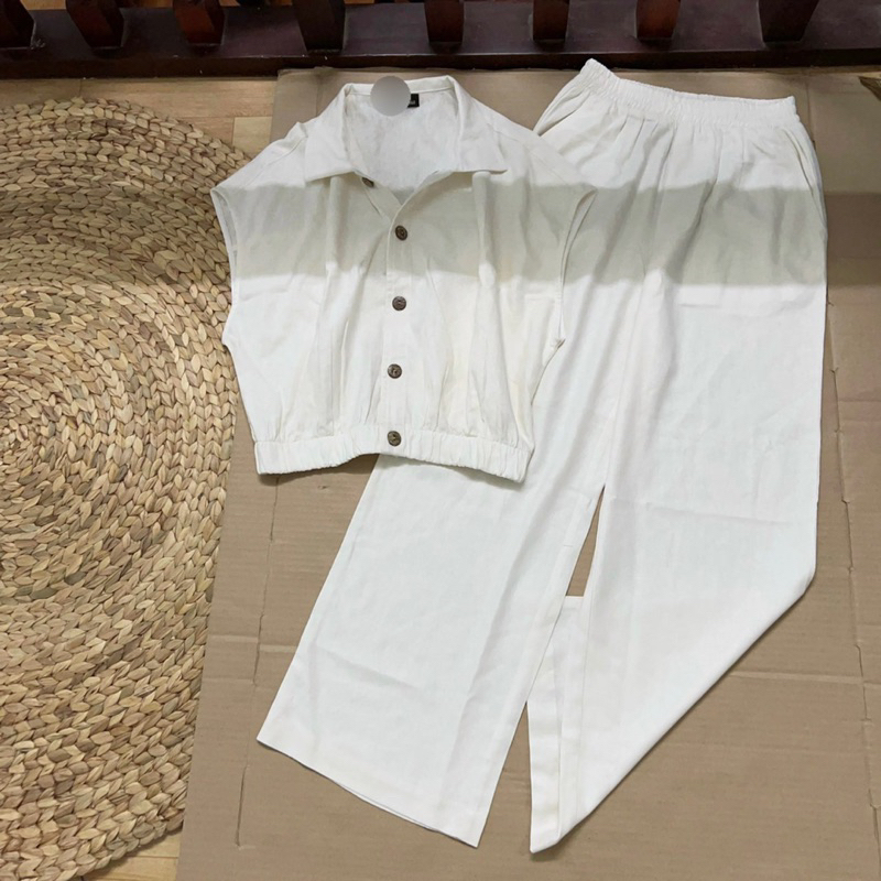 Sét bộ linen quần dài áo dáng lửng bo chun xinh