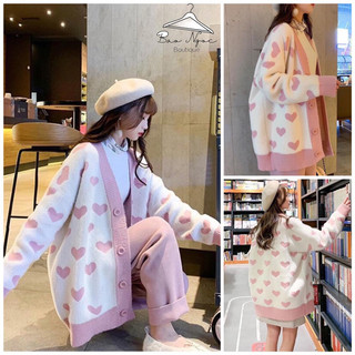 Áo Khoác Cadigan In Full Trái Tim Hồng Chất Nỉ Cotton – Áo Unisex Phong Cách Hàn Quốc