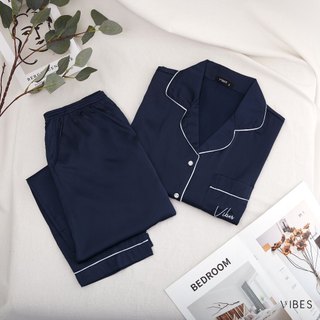 VIBES Đồ bộ Pijama dài Lụa trơn cao cấp Navy Long Py Set