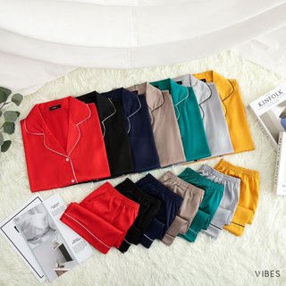 VIBES Đồ bộ Pijama ngắn Lụa trơn cao cấp Navy Silk Py Set