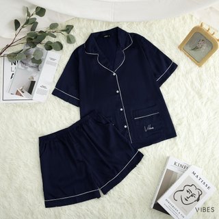 VIBES Đồ bộ Pijama ngắn Lụa trơn cao cấp Navy Silk Py Set