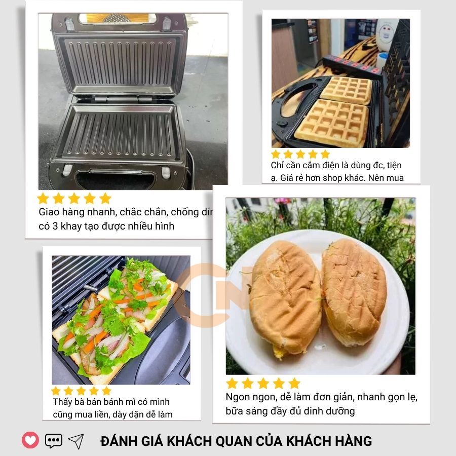 Máy nướng bánh mì 3 khay công suất 850W RAF R540, máy kẹp bánh mì, làm bánh waffle, rán trứng đa năng tiện lợi