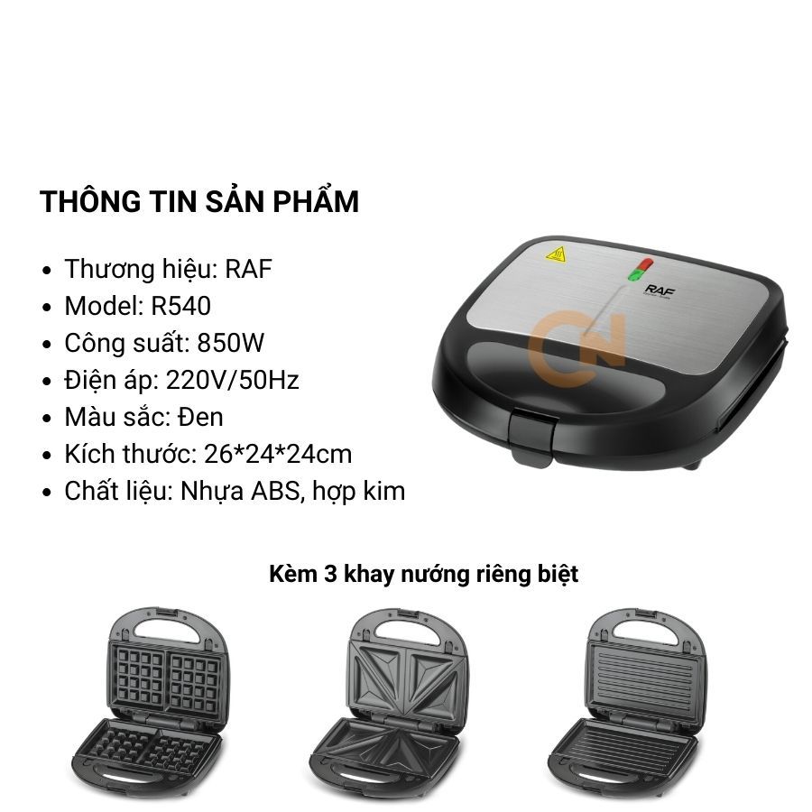 Máy nướng bánh mì 3 khay công suất 850W RAF R540, máy kẹp bánh mì, làm bánh waffle, rán trứng đa năng tiện lợi