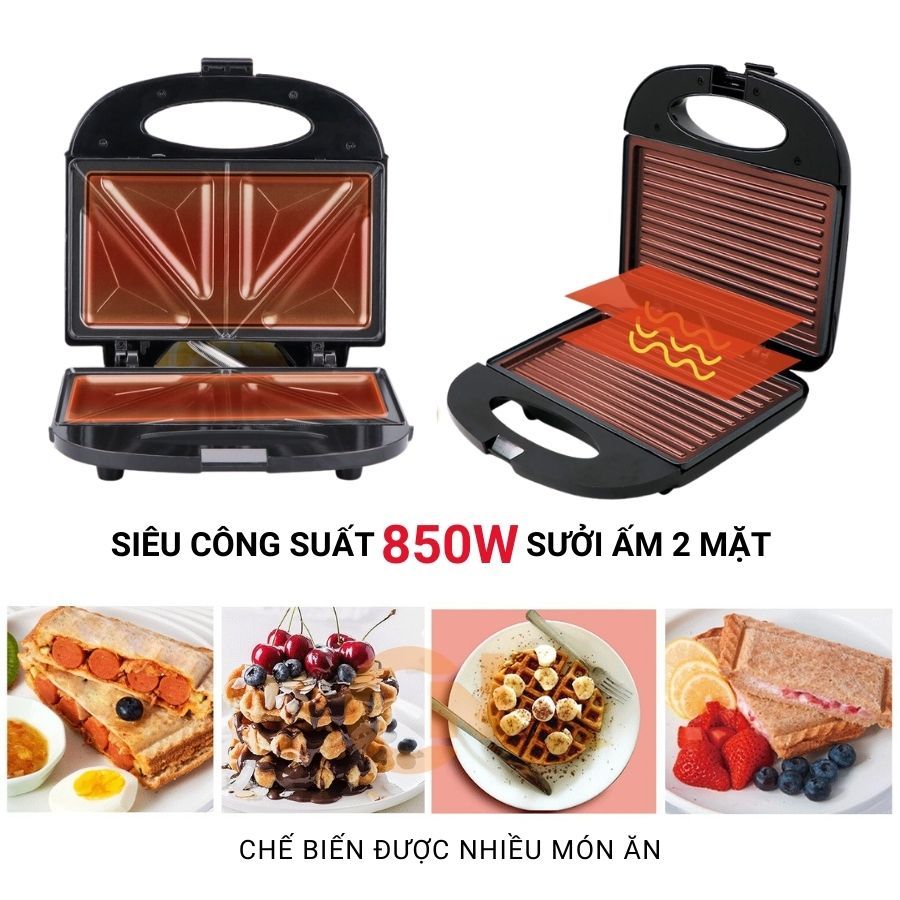 Máy nướng bánh mì 3 khay công suất 850W RAF R540, máy kẹp bánh mì, làm bánh waffle, rán trứng đa năng tiện lợi