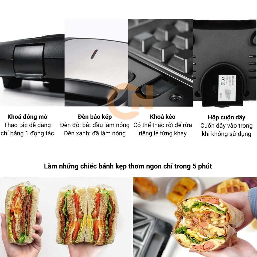 Máy nướng bánh mì 3 khay công suất 850W RAF R540, máy kẹp bánh mì, làm bánh waffle, rán trứng đa năng tiện lợi