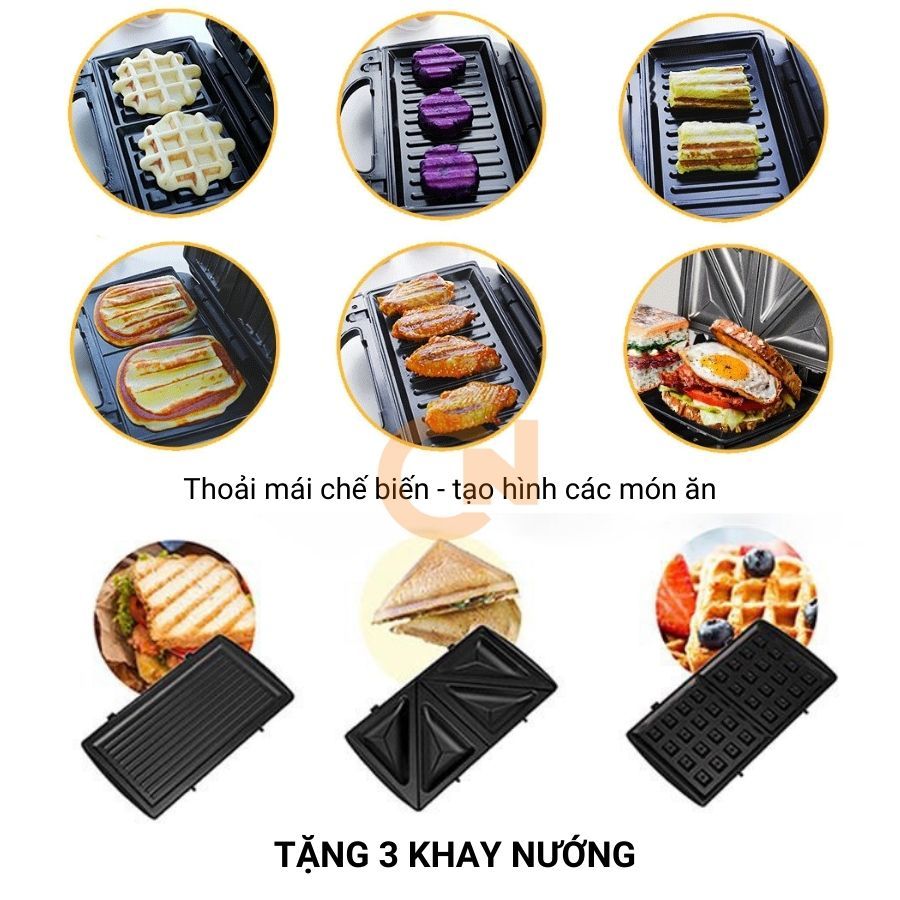 Máy nướng bánh mì 3 khay công suất 850W RAF R540, máy kẹp bánh mì, làm bánh waffle, rán trứng đa năng tiện lợi