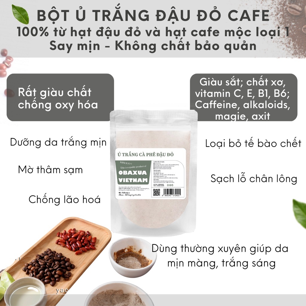Bột Đậu Đỏ Cà Phê OBAXUA, Bột Ủ Trắng, Giảm Thâm Cho Mặt Và Body 100% Organic Túi 75g, Vancy