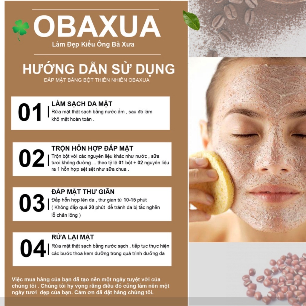 Bột Đậu Đỏ Cà Phê OBAXUA, Bột Ủ Trắng, Giảm Thâm Cho Mặt Và Body 100% Organic Túi 75g, Vancy