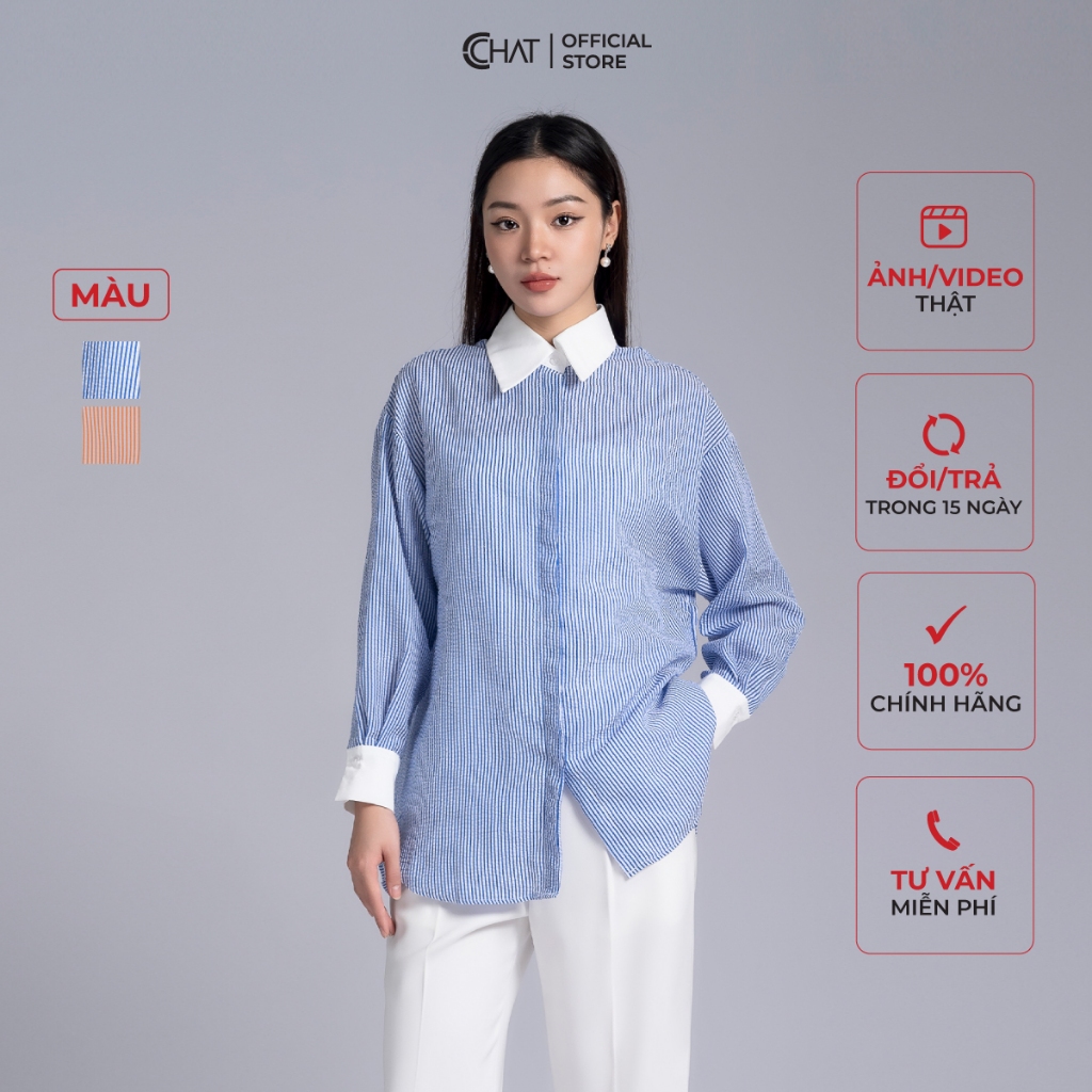 Áo Sơ Mi Nữ 𝐂𝐂𝐇𝐀𝐓 Họa Tiết Kẻ Sọc Buộc Nơ Sau Dáng Suông Chất Thô Cao Cấp 13FDT8014ST