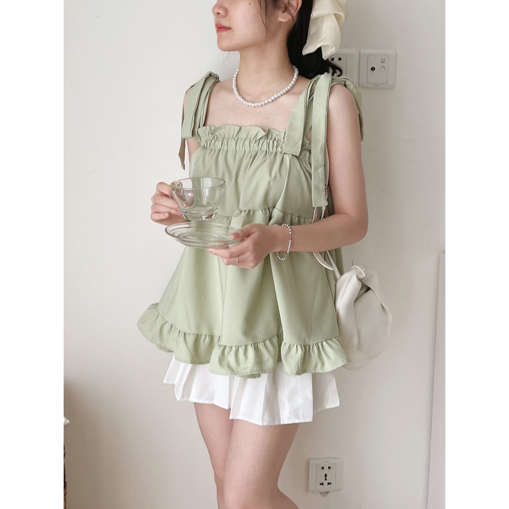 Áo Hai dây babydoll nữ phong cách bánh bèo thắt nơ xinh xắn _A217