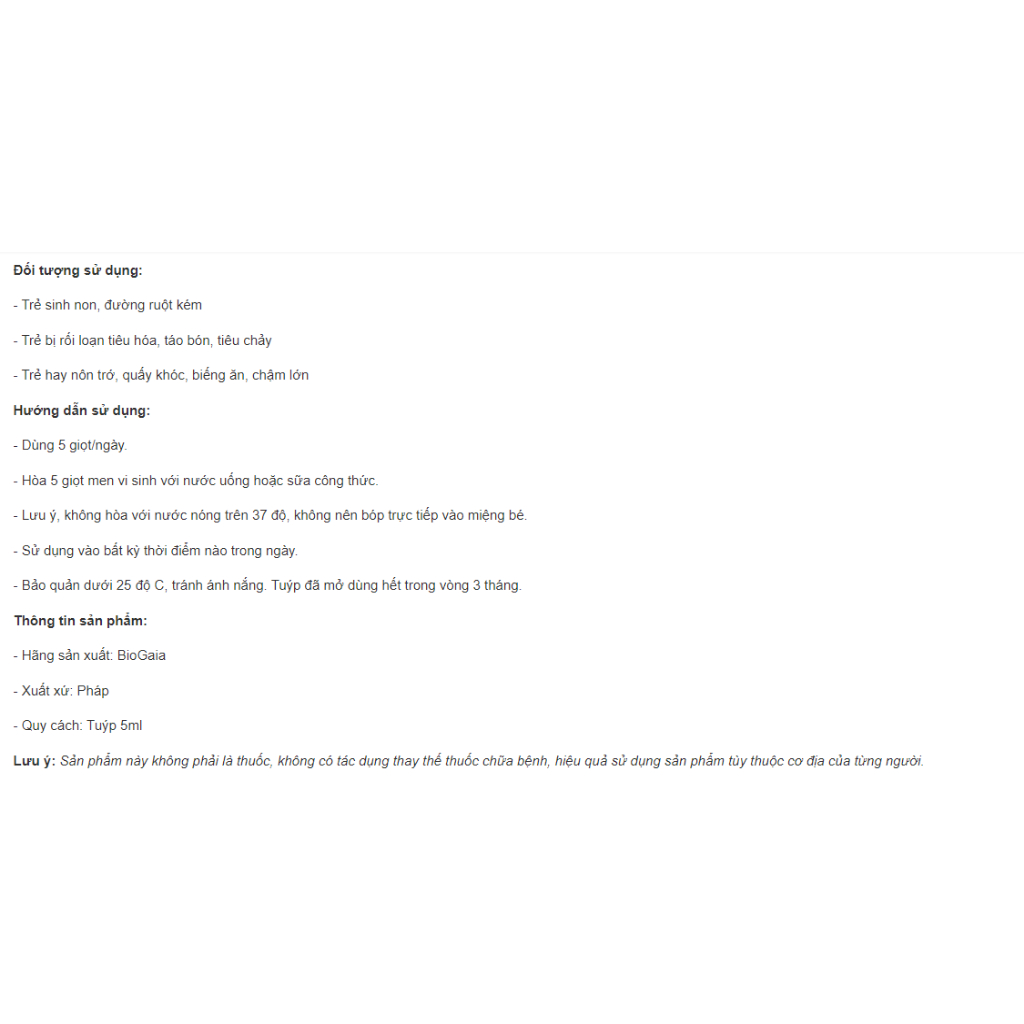 Men vi sinh BIOGAIA dạng tuýp 5ml chuẩn Pháp