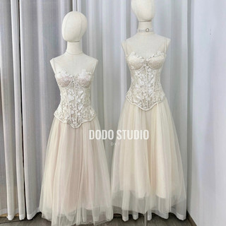 Set thiết kế áo corset 2 dây phối chân váy dài bồng sang chảnh