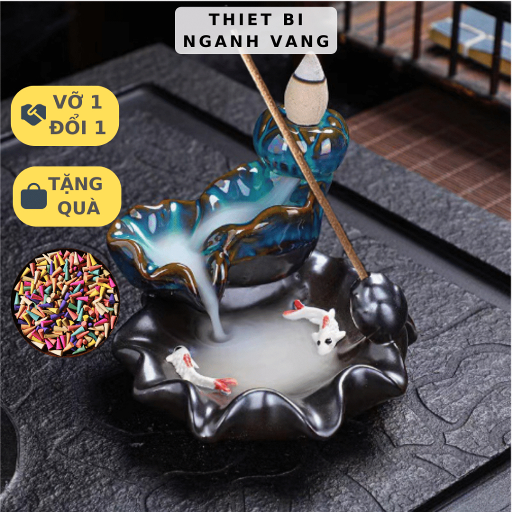 10 Mẫu Thác Khói Trầm Hương Hồ Cá Koi Gốm Sứ Tráng Men Xanh Ngọc Tặng Nụ Trầm Khói Ngược