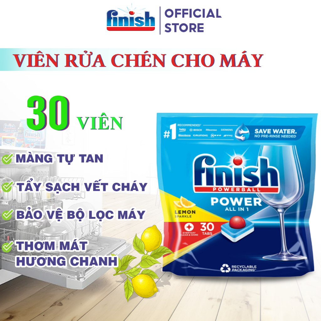 Viên rửa bát Finish Power All in 1 Max túi 100 viên 10 chức năng rửa cực sạch nhập khẩu Châu Âu chính hãng