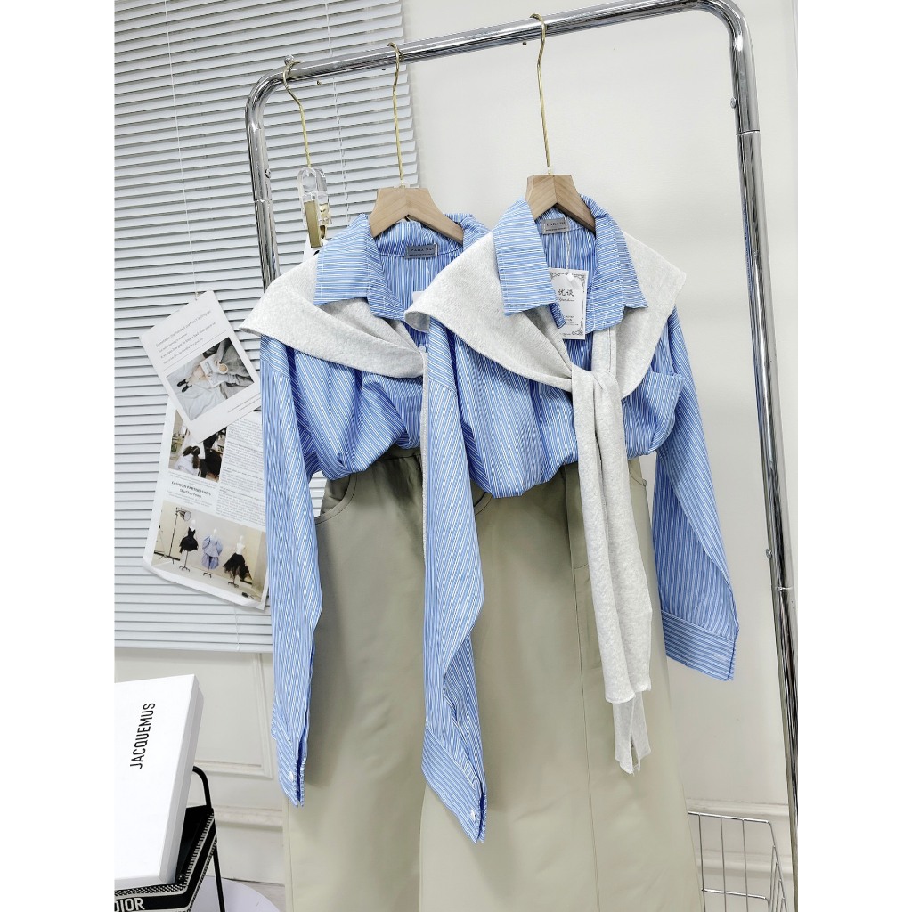 Set Bộ Đồ Nữ Áo Sơ Mi Kẻ Phối Vạt  Thủy Thủ Mix Chân Váy Dáng Dài  Freesize