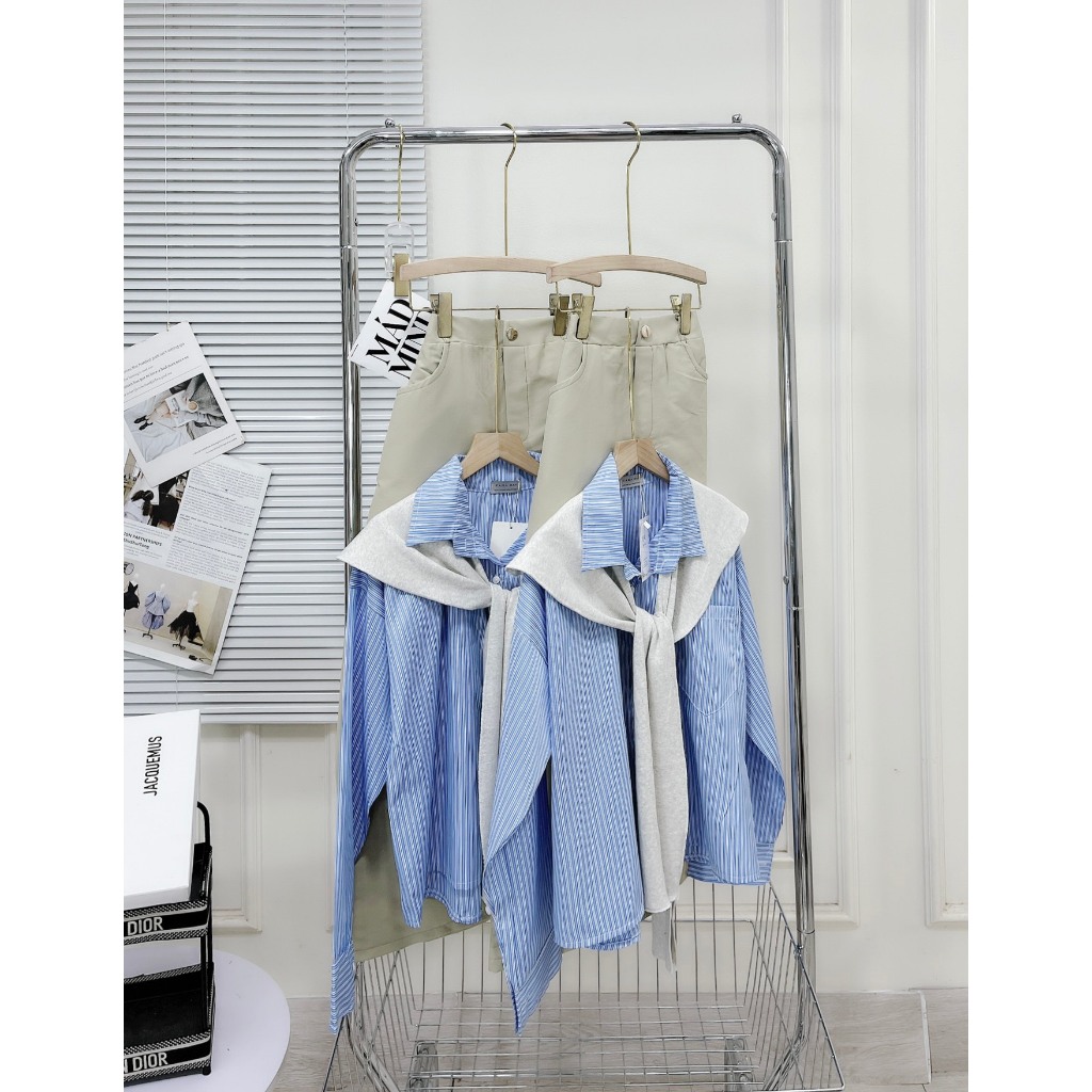 Set Bộ Đồ Nữ Áo Sơ Mi Kẻ Phối Vạt  Thủy Thủ Mix Chân Váy Dáng Dài  Freesize