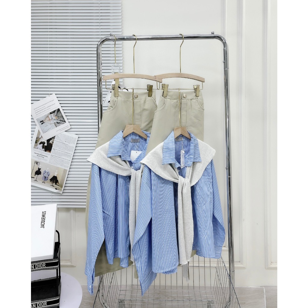 Set Bộ Đồ Nữ Áo Sơ Mi Kẻ Phối Vạt  Thủy Thủ Mix Chân Váy Dáng Dài  Freesize