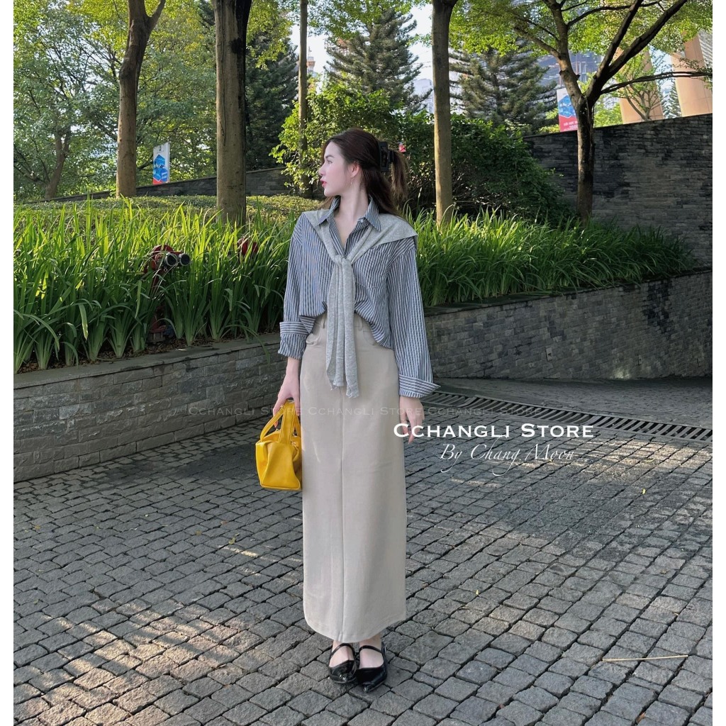 Set Bộ Đồ Nữ Áo Sơ Mi Kẻ Phối Vạt  Thủy Thủ Mix Chân Váy Dáng Dài  Freesize