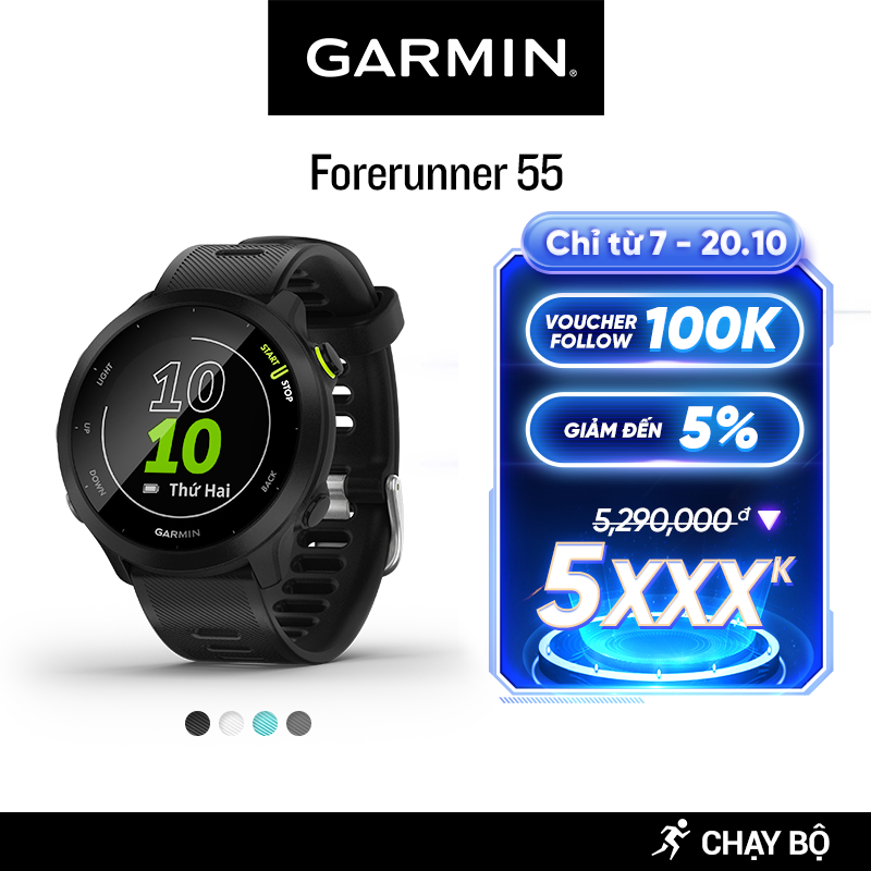 Đồng Hồ Thông Minh Garmin Forerunner 55 GPS (Black/Whitestone/Aqua/Monterra Grey) - Hàng Chính Hãng