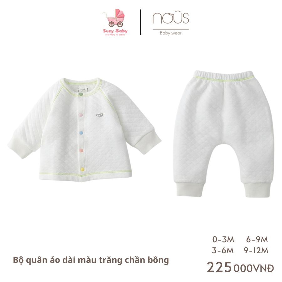 Bộ áo quần Nous dài màu trắng/ màu trắng chần bông cho bé 0M 3M 6M 9M