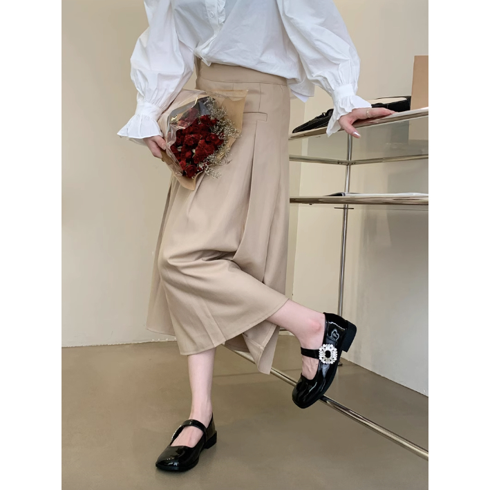 Giày búp bê gót bằng Mary Jane quai đính đá mũi vuông da trơn bóng nữ 2023