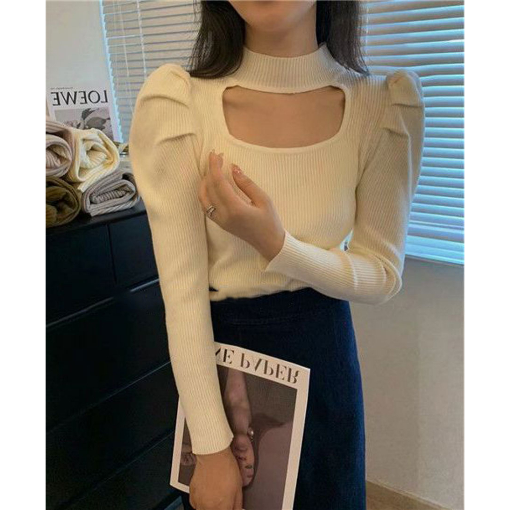 Áo len dài tay cho nữ khoét cổ  INFLACHI tay phồng tôn dáng che khuyết điểm phong cách M240 G-10