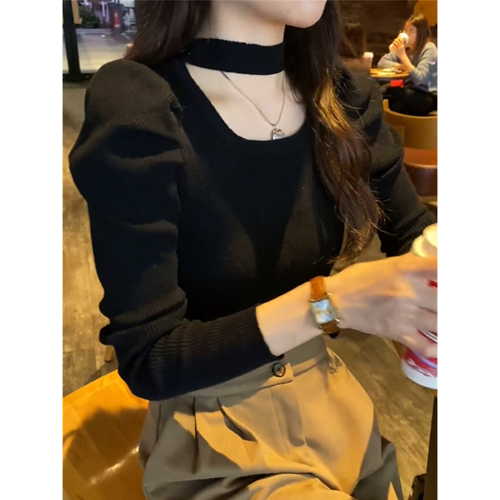 Áo len dài tay cho nữ khoét cổ  INFLACHI tay phồng tôn dáng che khuyết điểm phong cách M240 G-10