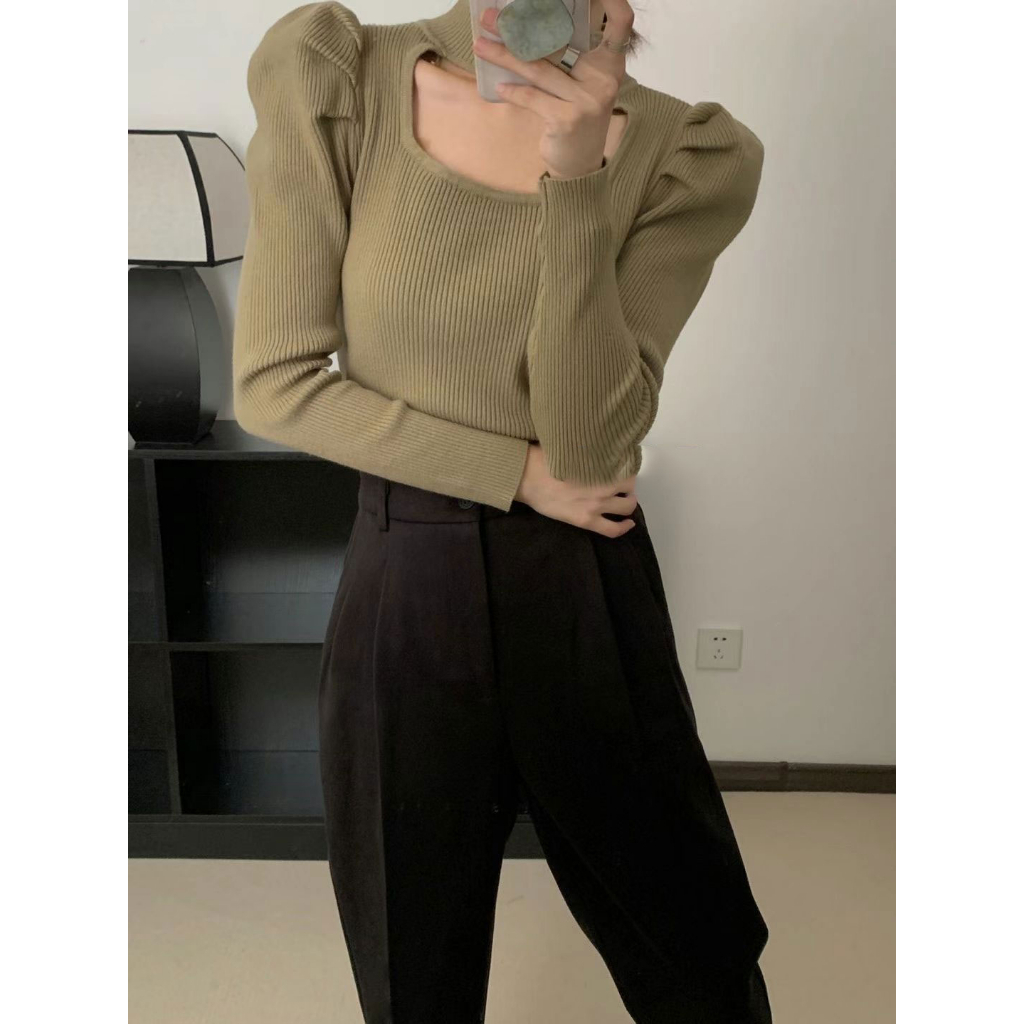 Áo len dài tay cho nữ khoét cổ  INFLACHI tay phồng tôn dáng che khuyết điểm phong cách M240 G-10