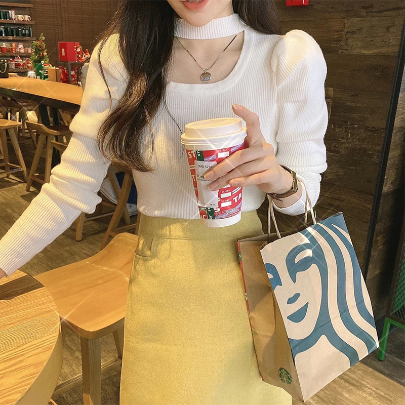 Áo len dài tay cho nữ khoét cổ  INFLACHI tay phồng tôn dáng che khuyết điểm phong cách M240 G-10