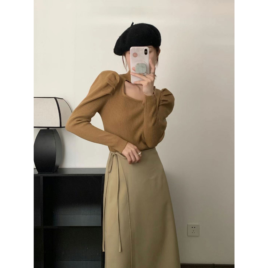 Áo len dài tay cho nữ khoét cổ  INFLACHI tay phồng tôn dáng che khuyết điểm phong cách M240 G-10