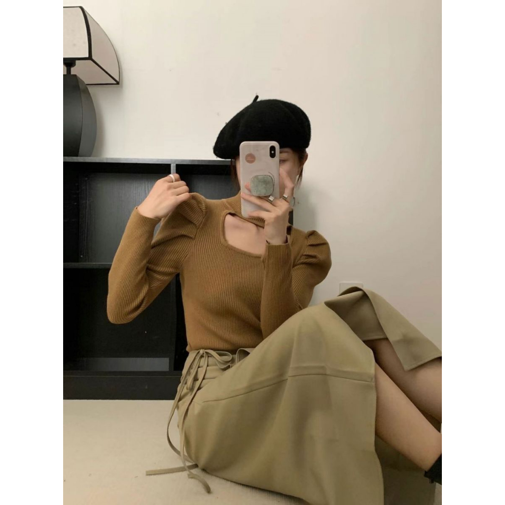 Áo len dài tay cho nữ khoét cổ  INFLACHI tay phồng tôn dáng che khuyết điểm phong cách M240 G-10