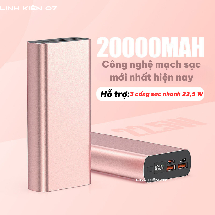 Box sạc vỏ nhôm Polymer PD:20000W-22.5W sạc nhanh dùng 2Pin lithium- polyme 1160110 màn hình LCD vỏ hợp kim nhôm cao cấp