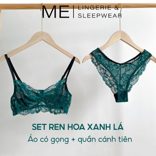Bộ đồ lót ren nữ áo có gọng nâng quần lót tam giác cánh tiên gợi cảm màu XANH LÁ ĐẬM mắt Melingerie & Sleepwear