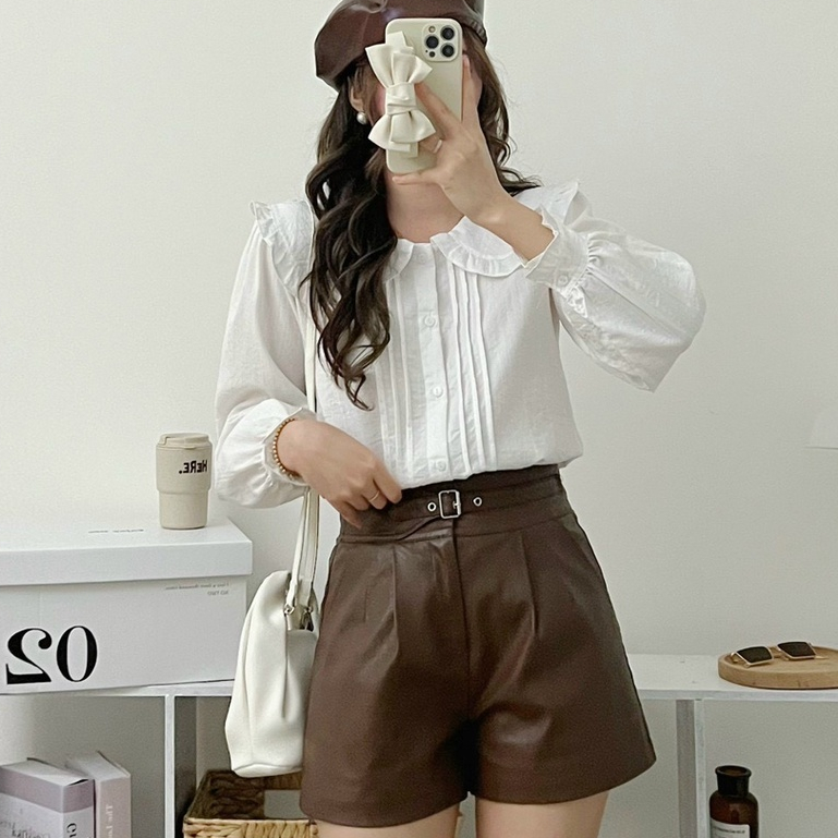 Áo sơ mi kiểu nữ, Áo sơ mi cổ bèo kẻ ly bên tiểu thư xinh xắn- Momiji Store