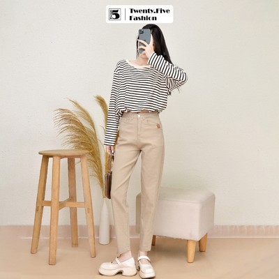 Quần kaki jeans nữ dáng baggy cạp cao vải mềm co dãn Twentyfive 4923