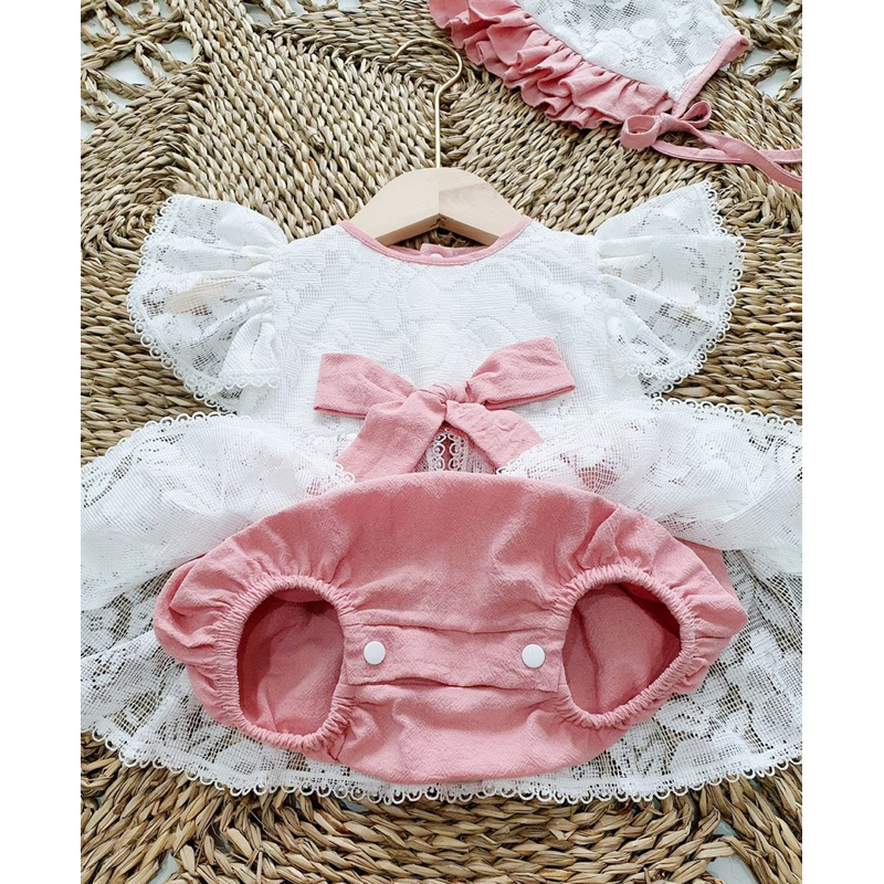 Body Váy Linen Hồng 𝐍𝐇𝐈́𝐌 𝐗𝐔̀ 𝐊𝐈𝐃𝐒 Cho Bé Gái Sơ Sinh, Đầy Tháng, Thôi Nôi, Sinh Nhật Chất Linen Bột B030