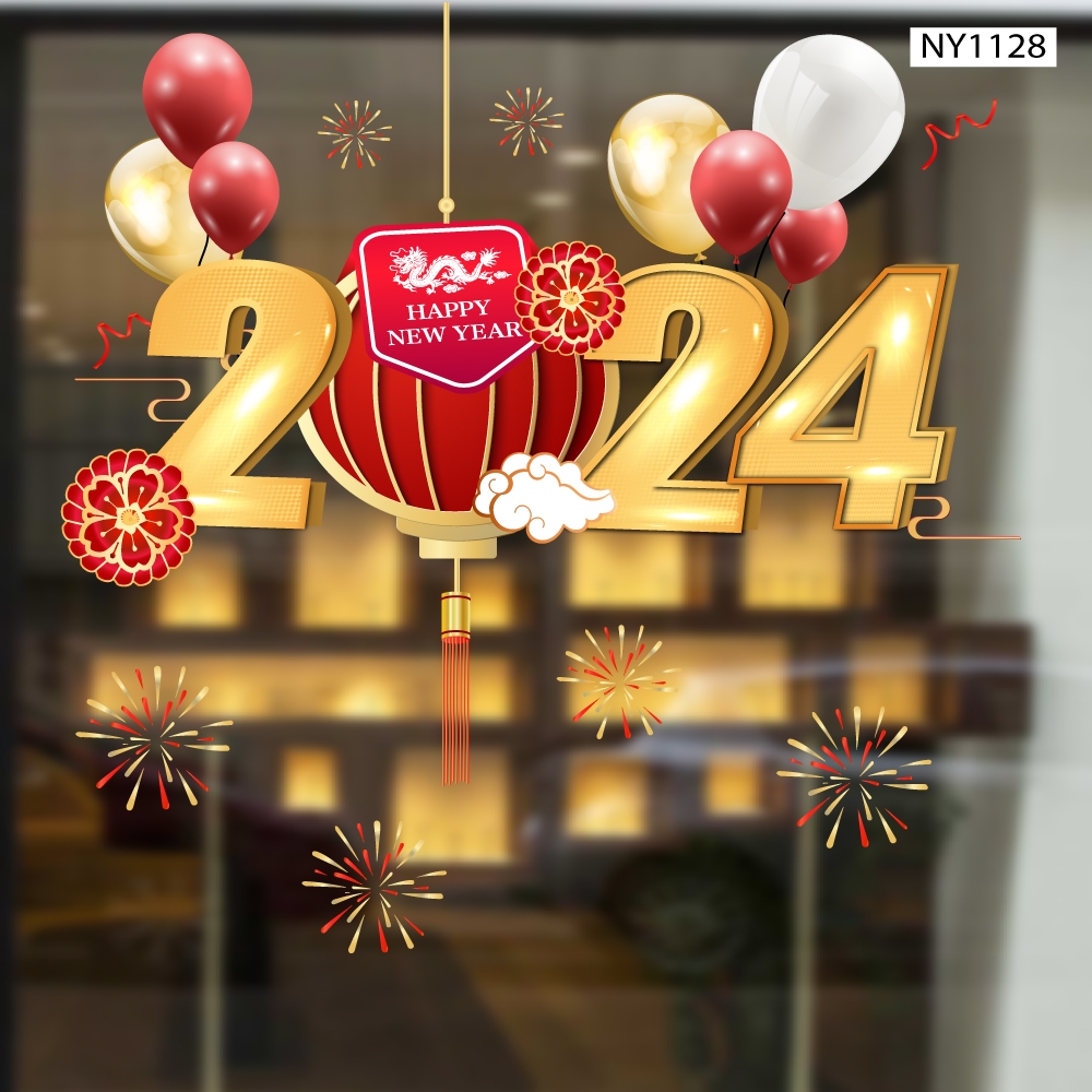 Decal trang trí tết cao cấp - Decal chúc tết happy new year có keo sẵn dán được trên tường và kính màu sắc nét