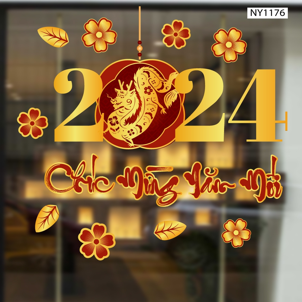 Decal trang trí tết cao cấp - Decal chúc tết happy new year có keo sẵn dán được trên tường và kính màu sắc nét