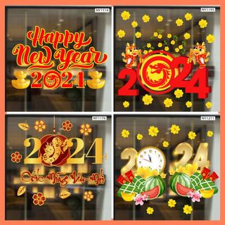 Decal trang trí tết cao cấp - Decal chúc tết happy new year có keo sẵn dán được trên tường và kính màu sắc nét