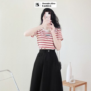 Áo thun nữ Twentyfive ngắn tay gân tăm dáng ôm croptop thêu viền họa tiết kẻ ngang co dãn 4843